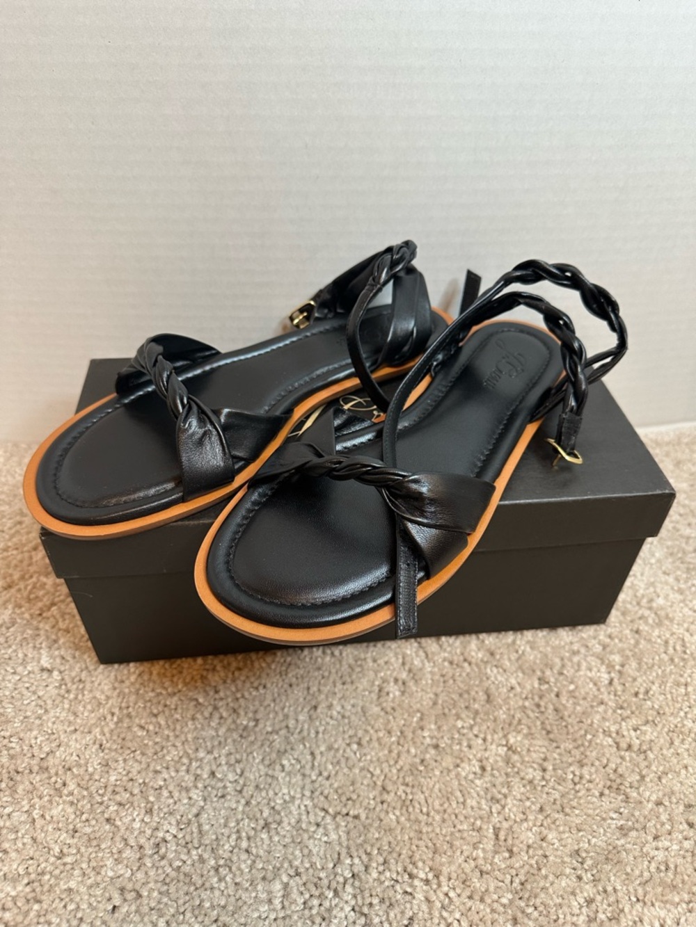 J. Crew Black Braided Strap Sandals with Tan Trim, size 8.5, New in Box